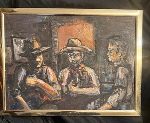 Vintage original framed oil on canvas, bartender and drinking cowboys. Unsigned.